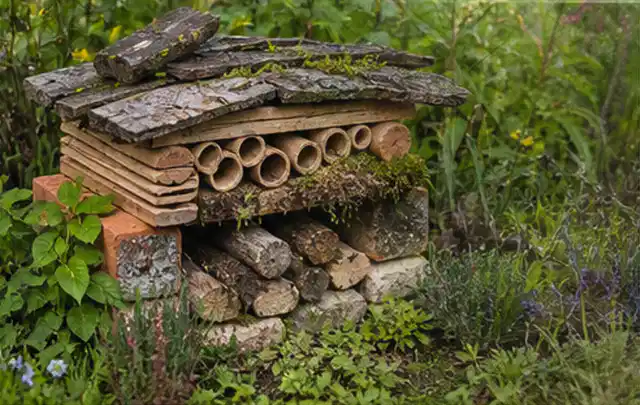 Naturnaher Unterschlupf aus Holz Rinde und Pflanzenstängeln im Garten; Thema Hornissen, Schwerpunkt Schädlinge Krankheiten; Kontrolle.