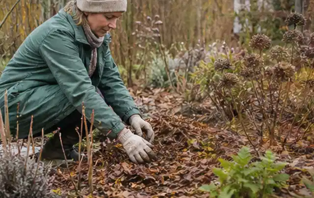Person verteilt eine schützende Mulchschicht zwischen winterlichen Stauden; Thema Hornissen, Schwerpunkt Vorbeugung; Ergebnis.