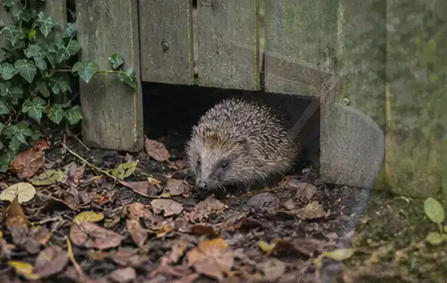 Igel nutzt einen bodennahen Durchgang unter einem hölzernen Gartenzaun; Thema Hornissen, Schwerpunkt Vorbeugung; Praxisalltag.