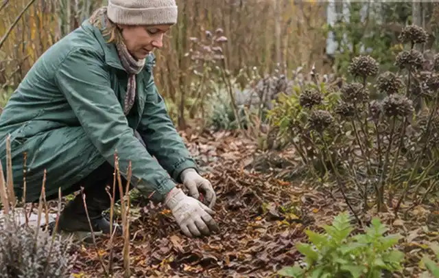 Person verteilt eine schützende Mulchschicht zwischen winterlichen Stauden; Thema Hortensien, Schwerpunkt Bewässerung; Ausgangslage.