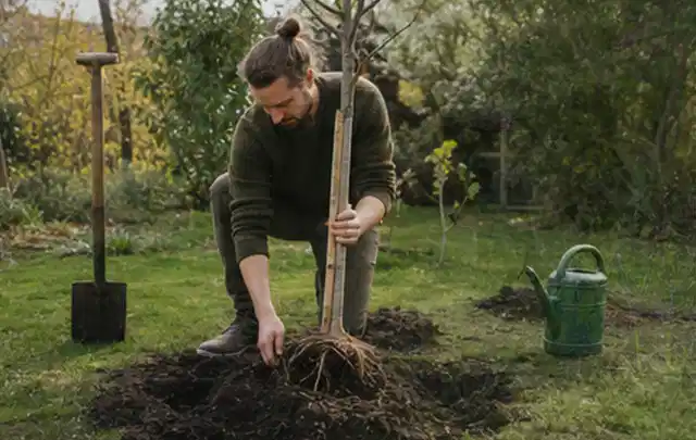 Person setzt einen jungen Zierbaum in ein vorbereitetes Pflanzloch im Garten; Thema Hortensien, Schwerpunkt Blumen; Ausgangslage.