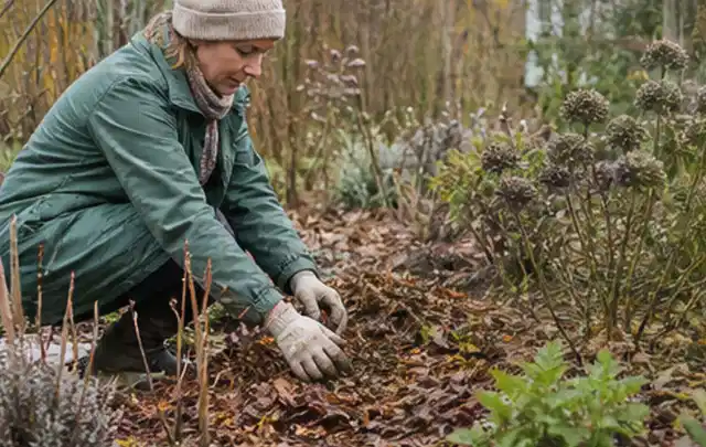 Person verteilt eine schützende Mulchschicht zwischen winterlichen Stauden; Thema Hortensien, Schwerpunkt Blumen; Ergebnis.