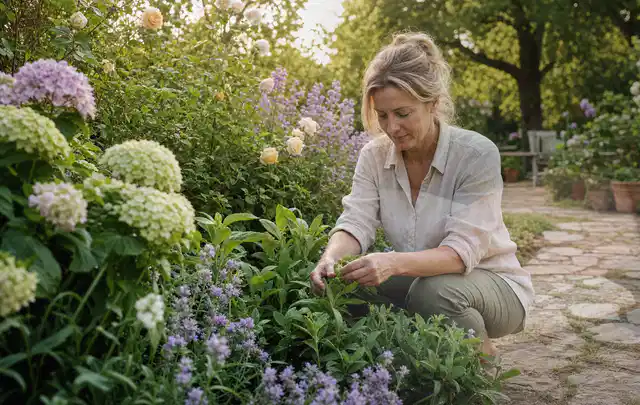 Person pflegt üppige Pflanzen in einem natürlich beleuchteten Garten; Thema Hortensien, Schwerpunkt Boden; Kontrolle.