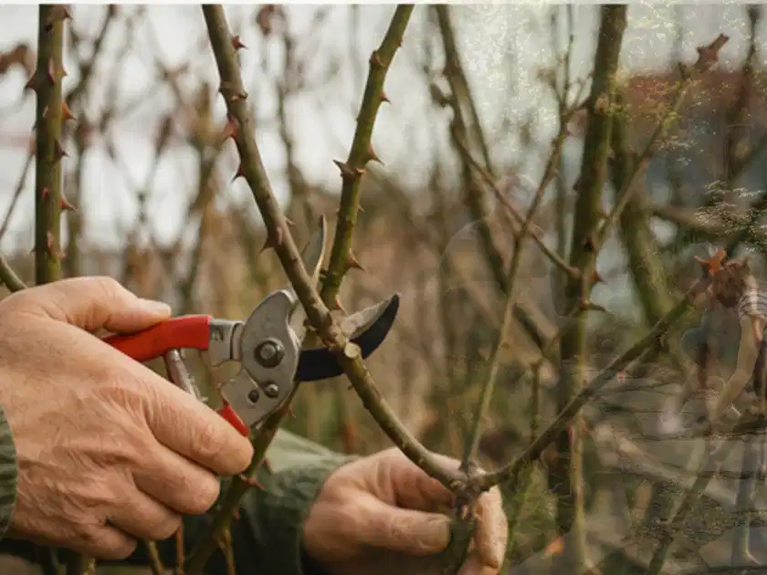 Hände schneiden einen älteren Rosenstrauch mit einer sauberen Gartenschere; Thema Hortensien, Schwerpunkt Düngung; Titelbild.