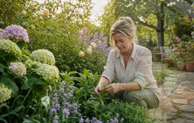 Person pflegt üppige Pflanzen in einem natürlich beleuchteten Garten; Thema Hortensien, Schwerpunkt Fehlerhilfe; Kontrolle.