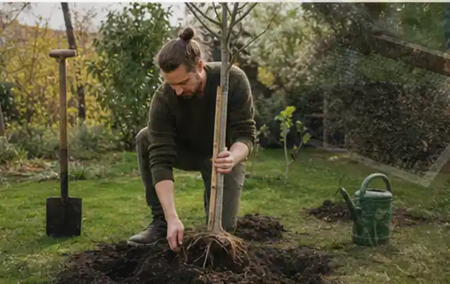 Person setzt einen jungen Zierbaum in ein vorbereitetes Pflanzloch im Garten; Thema Hortensien, Schwerpunkt Gartenpraxis; Ausgangslage.