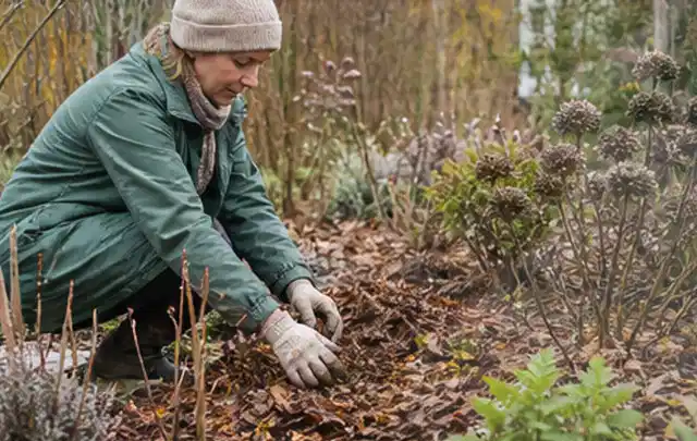 Person verteilt eine schützende Mulchschicht zwischen winterlichen Stauden; Thema Hortensien, Schwerpunkt Jahrespflege; Ausgangslage.