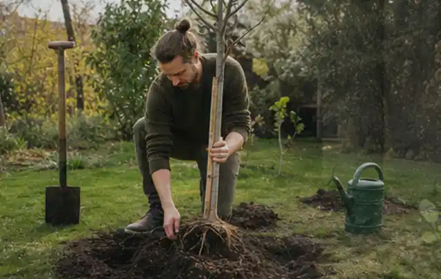 Person setzt einen jungen Zierbaum in ein vorbereitetes Pflanzloch im Garten; Thema Hortensien, Schwerpunkt Kaufberatung; Ergebnis.