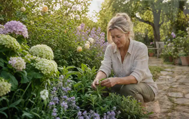 Person pflegt üppige Pflanzen in einem natürlich beleuchteten Garten; Thema Hortensien, Schwerpunkt Pflanzenschutz; Ausgangslage.