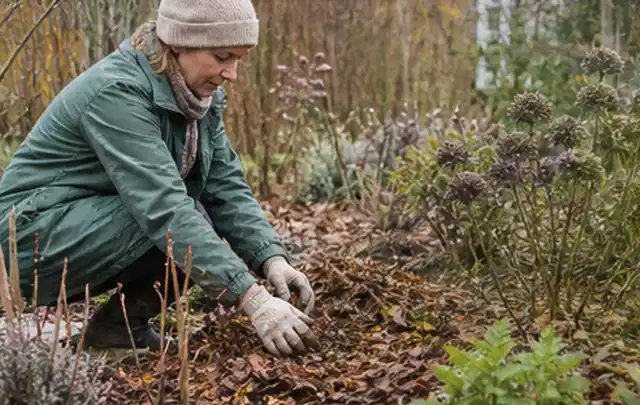 Person verteilt eine schützende Mulchschicht zwischen winterlichen Stauden; Thema Hortensien, Schwerpunkt Pflanzenschutz; Umsetzung.
