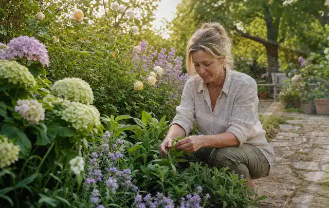 Person pflegt üppige Pflanzen in einem natürlich beleuchteten Garten; Thema Hortensien, Schwerpunkt Pflanzpartner; Kontrolle.