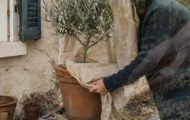 Person umhüllt eine mediterrane Kübelpflanze mit atmungsaktivem Winterschutz; Thema Hortensien, Schwerpunkt Pflanzpartner; Praxisalltag.