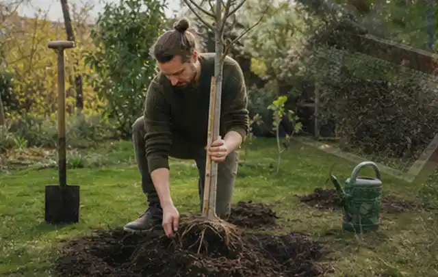 Person setzt einen jungen Zierbaum in ein vorbereitetes Pflanzloch im Garten; Thema Hortensien, Schwerpunkt Problemlösung; Praxisalltag.