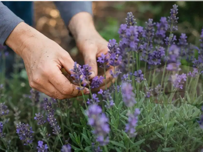 Hände pflegen blühenden Lavendel in einem natürlich angelegten Gartenbeet; Thema Hortensien, Schwerpunkt Rückschnitt; Titelbild.