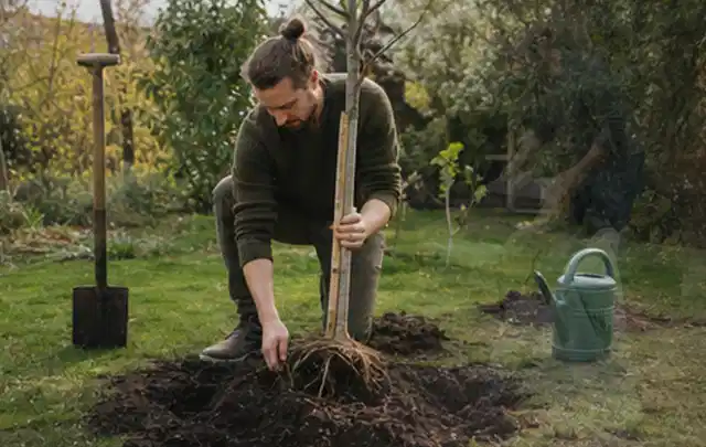 Person setzt einen jungen Zierbaum in ein vorbereitetes Pflanzloch im Garten; Thema Hortensien, Schwerpunkt Rückschnitt; Kontrolle.
