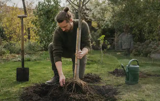 Person setzt einen jungen Zierbaum in ein vorbereitetes Pflanzloch im Garten; Thema Hortensien, Schwerpunkt Sortenwahl; Kontrolle.