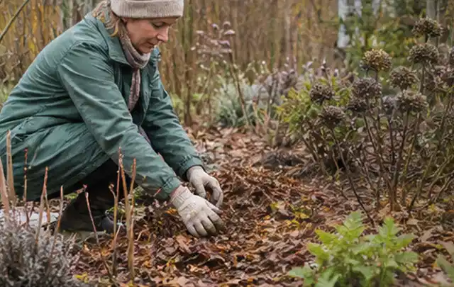 Person verteilt eine schützende Mulchschicht zwischen winterlichen Stauden; Thema Hortensien, Schwerpunkt Sortenwahl; Ergebnis.