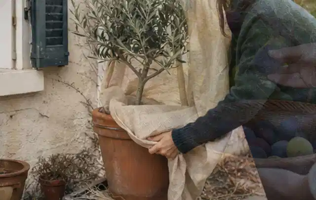 Person umhüllt eine mediterrane Kübelpflanze mit atmungsaktivem Winterschutz; Thema Hortensien, Schwerpunkt Topfkultur; Ausgangslage.