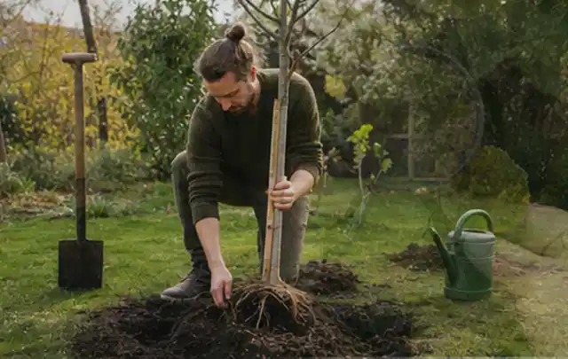 Person setzt einen jungen Zierbaum in ein vorbereitetes Pflanzloch im Garten; Thema Hortensien, Schwerpunkt Vermehrung; Praxisalltag.