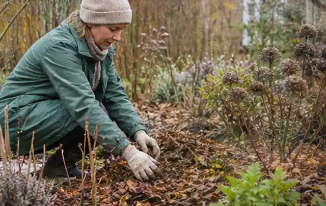 Person verteilt eine schützende Mulchschicht zwischen winterlichen Stauden; Thema Hortensien, Schwerpunkt Winterpflege; Ausgangslage.