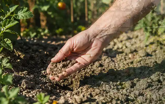 Hand prüft trockene krümelige Gartenerde während einer warmen Sommerphase; Thema Hunter Bewässerung, Schwerpunkt Anwendung; Ausgangslage.