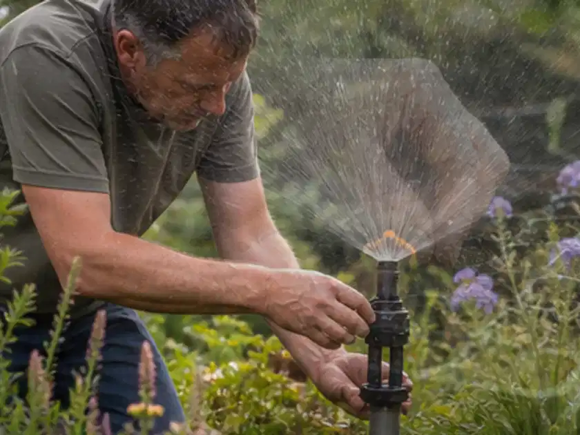 Person richtet einen laufenden Gartensprenger zwischen Stauden präzise aus; Thema Hunter Bewässerung, Schwerpunkt Bestenliste; Titelbild.