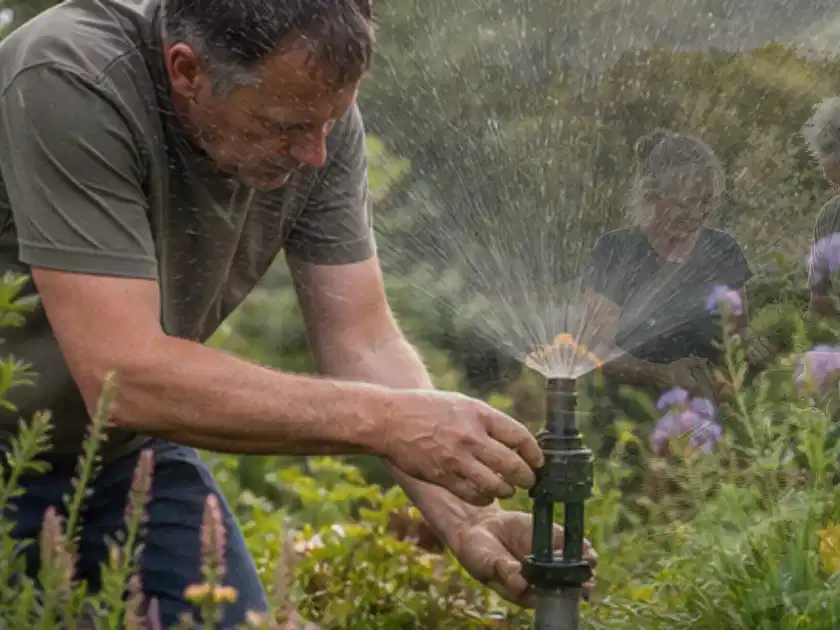 Person richtet einen laufenden Gartensprenger zwischen Stauden präzise aus; Thema Hunter Bewässerung, Schwerpunkt Checkliste; Titelbild.