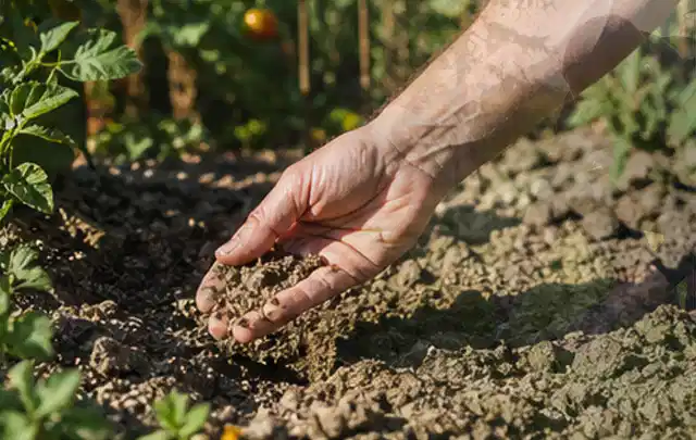 Hand prüft trockene krümelige Gartenerde während einer warmen Sommerphase; Thema Hunter Bewässerung, Schwerpunkt Dimensionierung; Umsetzung.