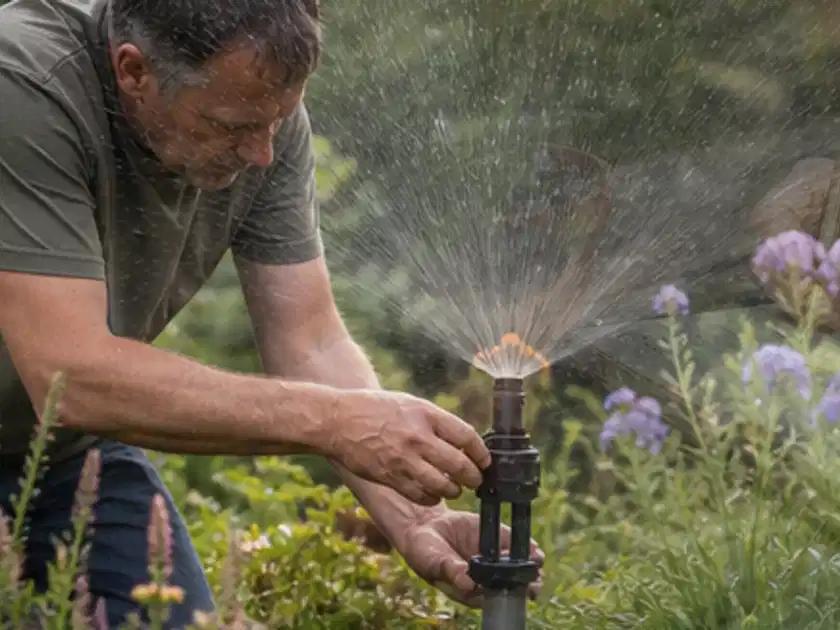 Person richtet einen laufenden Gartensprenger zwischen Stauden präzise aus; Thema Hunter Bewässerung, Schwerpunkt Ersatzteile; Titelbild.