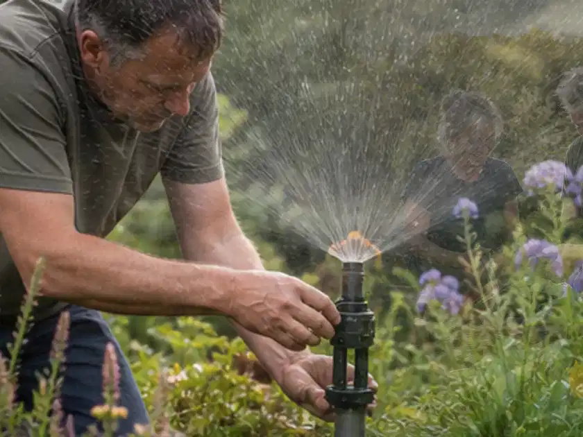 Person richtet einen laufenden Gartensprenger zwischen Stauden präzise aus; Thema Hunter Bewässerung, Schwerpunkt Fehlerhilfe; Titelbild.