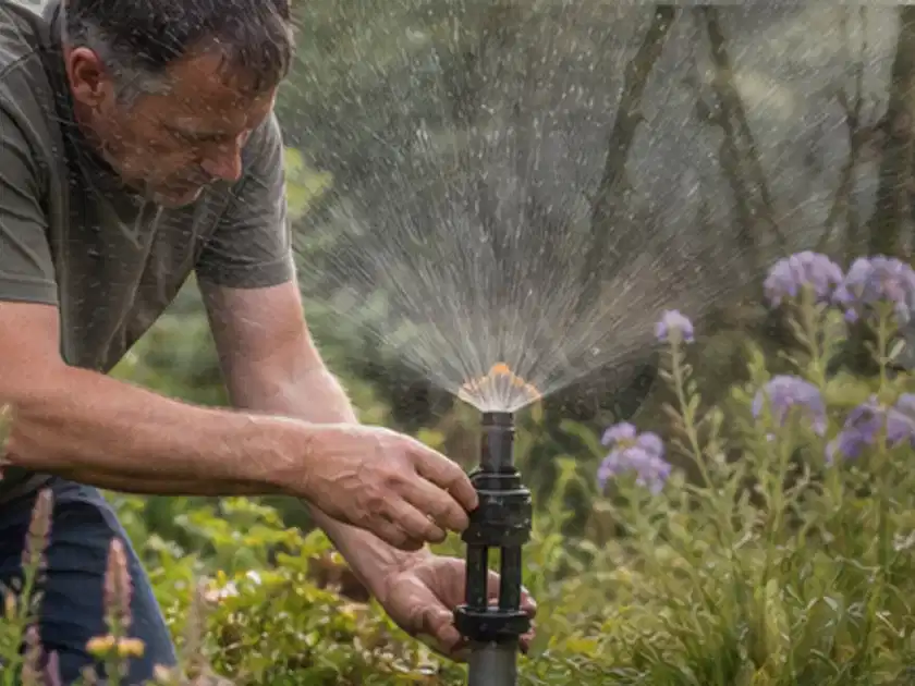 Person richtet einen laufenden Gartensprenger zwischen Stauden präzise aus; Thema Hunter Bewässerung, Schwerpunkt Kosten; Titelbild.