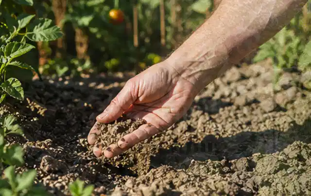 Hand prüft trockene krümelige Gartenerde während einer warmen Sommerphase; Thema Hunter Bewässerung, Schwerpunkt Leistung; Praxisalltag.