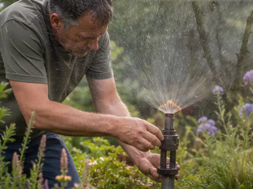 Person richtet einen laufenden Gartensprenger zwischen Stauden präzise aus; Thema Hunter Bewässerung, Schwerpunkt Nachhaltigkeit; Titelbild.