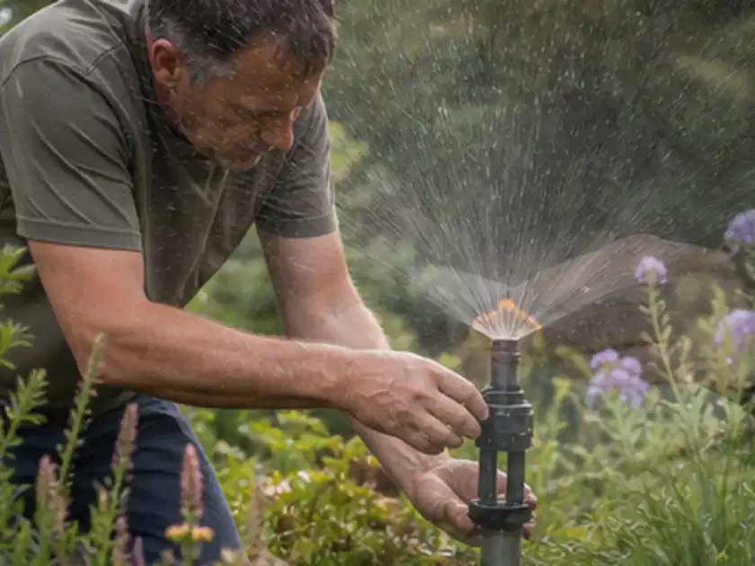 Person richtet einen laufenden Gartensprenger zwischen Stauden präzise aus; Thema Hunter Bewässerung, Schwerpunkt Reinigung; Titelbild.
