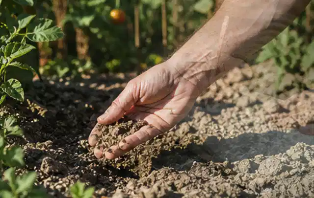 Hand prüft trockene krümelige Gartenerde während einer warmen Sommerphase; Thema Hunter Bewässerung, Schwerpunkt Reinigung; Ausgangslage.