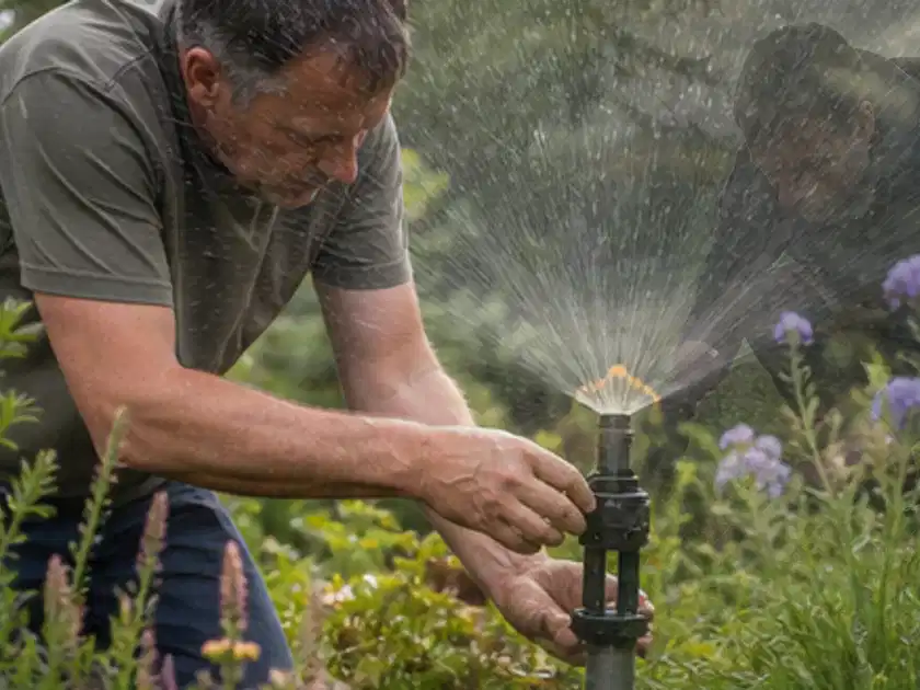 Person richtet einen laufenden Gartensprenger zwischen Stauden präzise aus; Thema Hunter Bewässerung, Schwerpunkt Systemvergleich; Titelbild.
