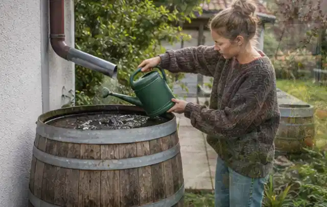 Person kontrolliert ein gefülltes Regenfass unter einem Fallrohr am Haus; Thema Hunter Bewässerung, Schwerpunkt Winterlager; Ergebnis.