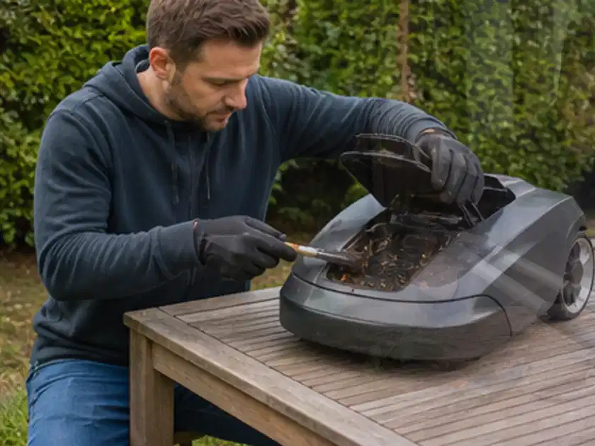 Person wartet einen geöffneten Mähroboter auf einem stabilen Gartentisch; Thema Husqvarna Automower, Schwerpunkt Anwendung; Titelbild.