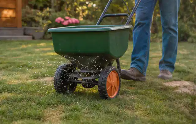 Person verteilt Rasensamen mit einem Streuwagen auf einer lückigen Fläche; Thema Husqvarna Automower, Schwerpunkt Anwendung; Umsetzung.