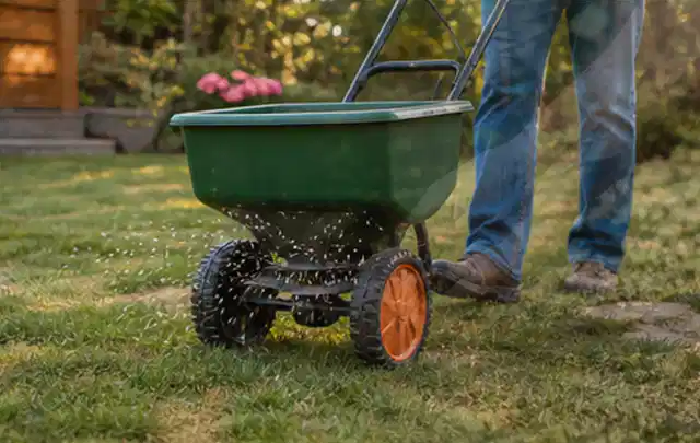 Person verteilt Rasensamen mit einem Streuwagen auf einer lückigen Fläche; Thema Husqvarna Automower, Schwerpunkt Checkliste; Ausgangslage.