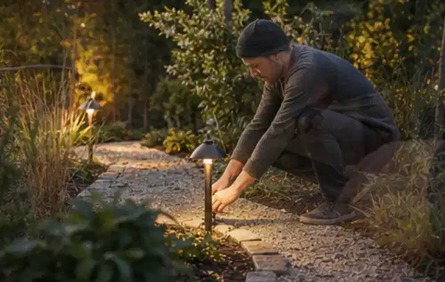 Person richtet eine niedrige warm leuchtende Gartenlampe am Kiesweg aus; Thema Husqvarna Automower, Schwerpunkt Checkliste; Umsetzung.