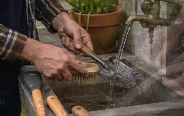 Hände reinigen gebrauchte Gartengeräte mit Bürste und Wasser am Außenbecken; Thema Husqvarna Automower, Schwerpunkt Checkliste; Praxisalltag.