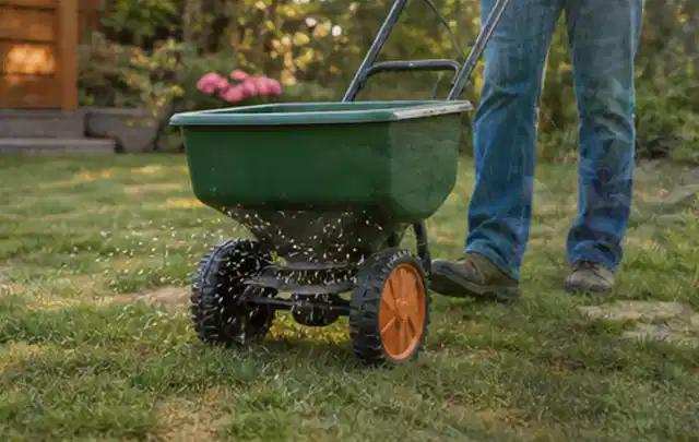 Person verteilt Rasensamen mit einem Streuwagen auf einer lückigen Fläche; Thema Husqvarna Automower, Schwerpunkt Dimensionierung; Kontrolle.