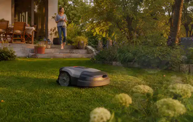 Mähroboter fährt am Abend über einen Rasen im Familiengarten; Thema Husqvarna Automower, Schwerpunkt Fehlerhilfe; Ausgangslage.