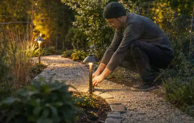 Person richtet eine niedrige warm leuchtende Gartenlampe am Kiesweg aus; Thema Husqvarna Automower, Schwerpunkt Fehlerhilfe; Kontrolle.