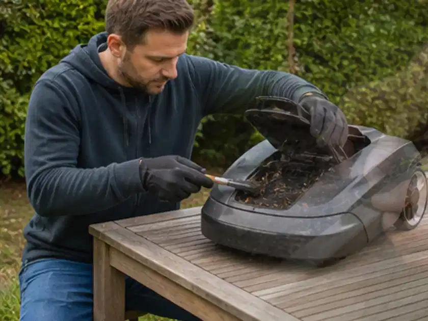 Person wartet einen geöffneten Mähroboter auf einem stabilen Gartentisch; Thema Husqvarna Automower, Schwerpunkt Gärten mit kleiner Fläche; Titelbild.
