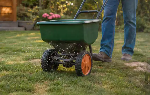 Person verteilt Rasensamen mit einem Streuwagen auf einer lückigen Fläche; Thema Husqvarna Automower, Schwerpunkt Gärten mit kleiner Fläche; Praxisalltag.