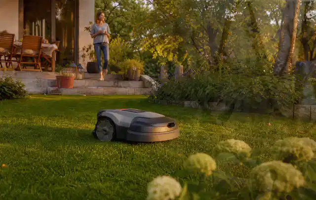 Mähroboter fährt am Abend über einen Rasen im Familiengarten; Thema Husqvarna Automower, Schwerpunkt Kaufberatung; Kontrolle.