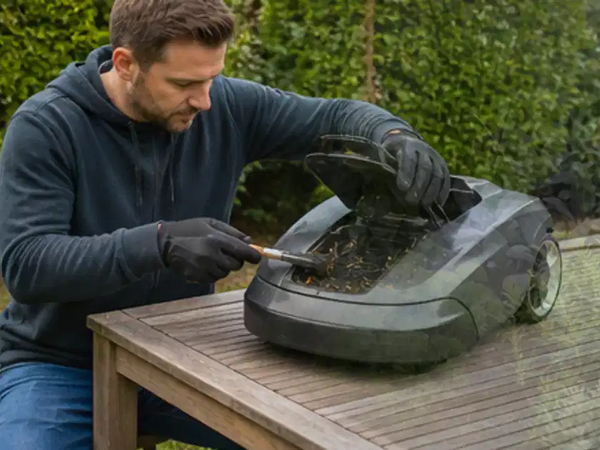 Person wartet einen geöffneten Mähroboter auf einem stabilen Gartentisch; Thema Husqvarna Automower, Schwerpunkt Leistung; Titelbild.
