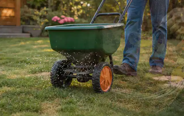 Person verteilt Rasensamen mit einem Streuwagen auf einer lückigen Fläche; Thema Husqvarna Automower, Schwerpunkt Leistung; Ergebnis.